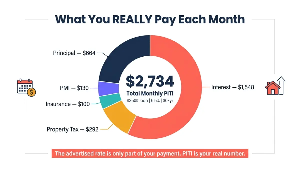 home loan works monthly payment breakdown showing principal interest taxes insurance and pmi donut chart