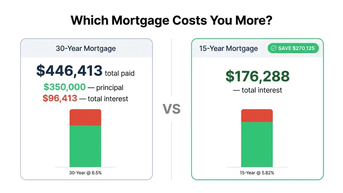 Mortgage Amortization comparison showing 15-year vs 30-year loan total interest cost and savings difference
