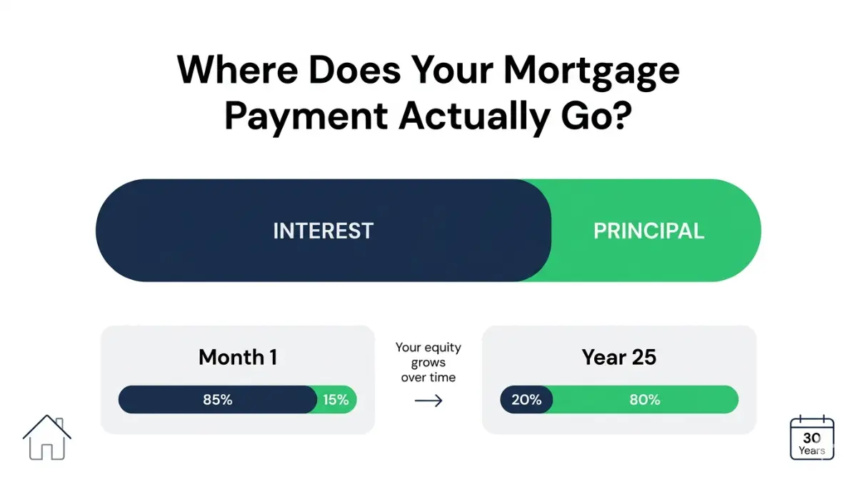Mortgage Amortization payment breakdown showing interest vs principal split from month 1 to year 25 over 30-year loan