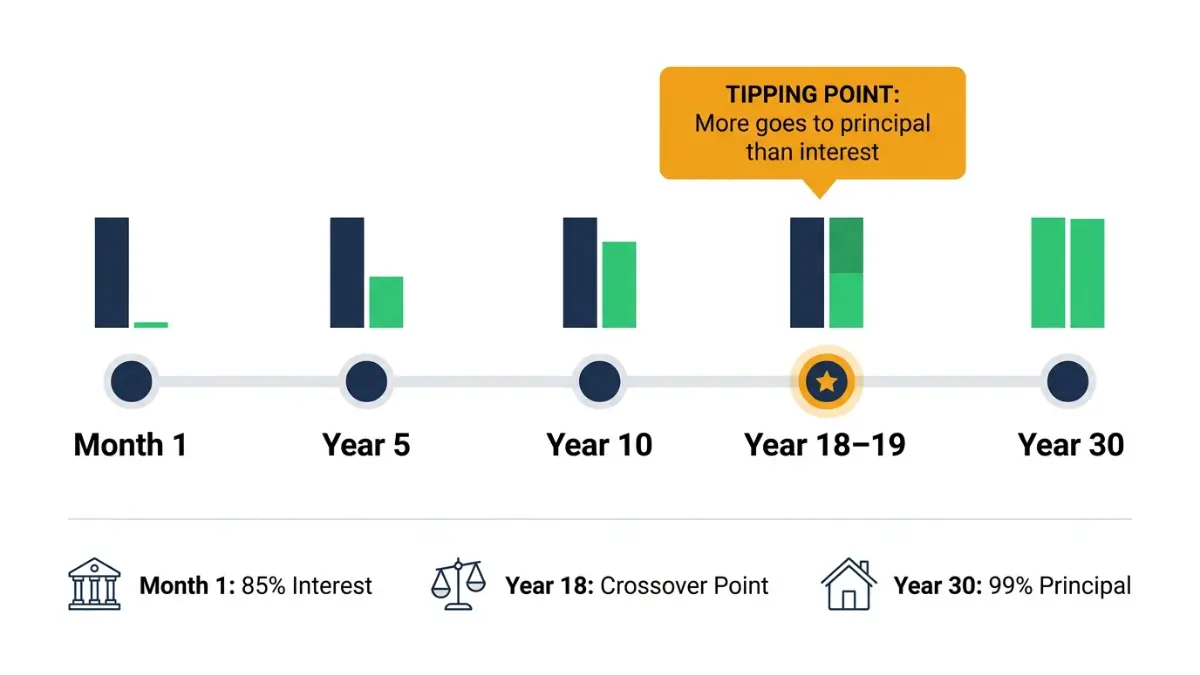 Mortgage Amortization timeline showing interest to principal shift over 30 years with tipping point around year 18