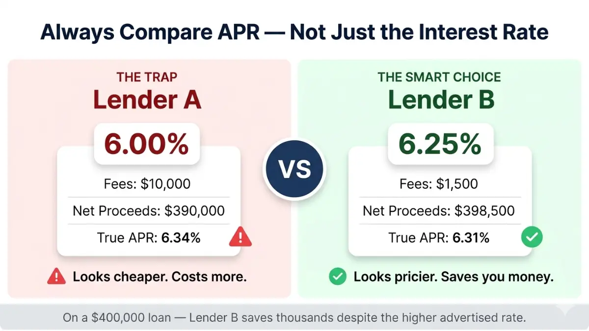 Mortgage Rate Calculator example comparing APR vs interest rate between two mortgage lenders