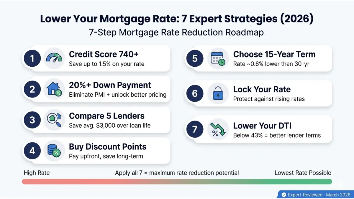 Mortgage Rate Calculator guide showing seven strategies to lower your mortgage interest rate