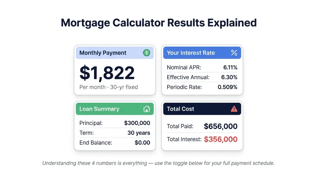 Mortgage Rate Calculator results showing monthly payment, APR breakdown, loan summary, and total cost