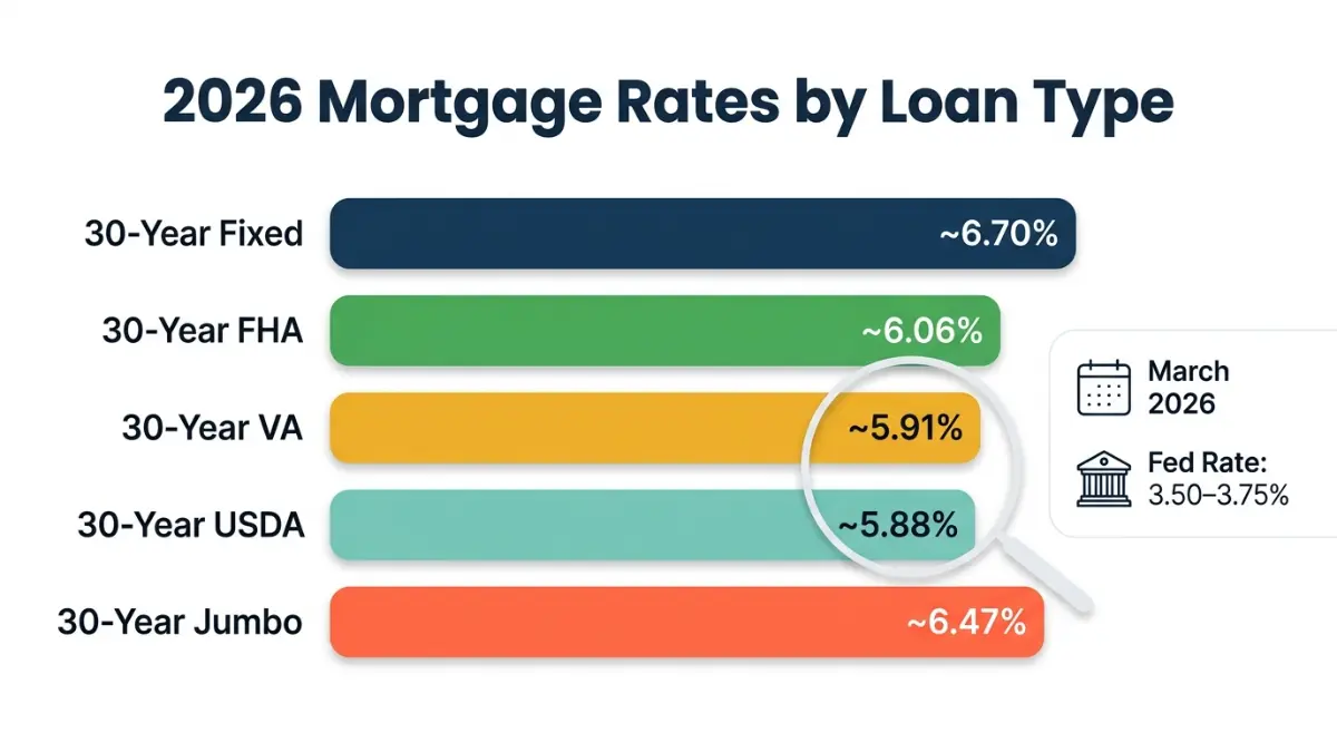Best Home Loan Lenders mortgage rates 2026 comparison chart FHA VA USDA conventional jumbo loans