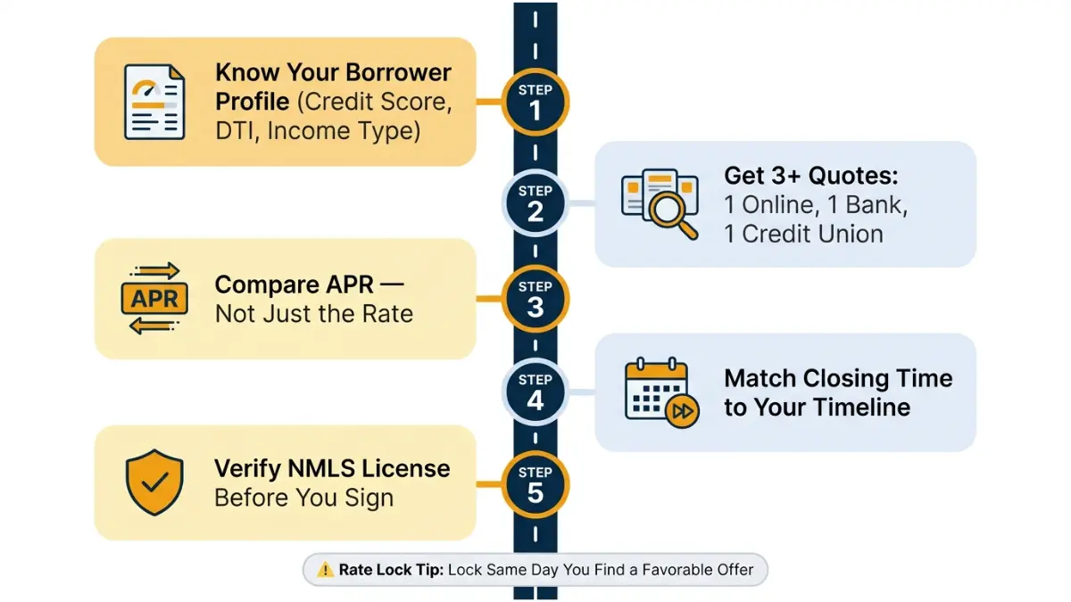 Online vs Bank Mortgage step by step roadmap showing how to compare lenders and choose best mortgage