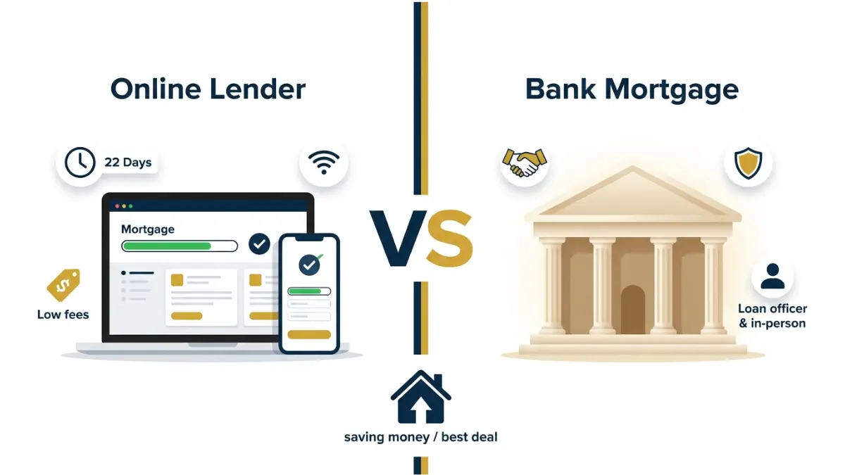 Online vs Bank Mortgage comparison showing digital lender vs traditional bank benefits side by side