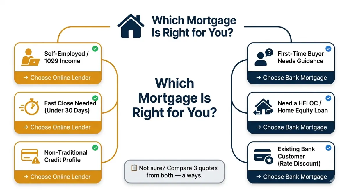 Online vs Bank Mortgage decision tree helping borrowers choose between online lender and bank mortgage options