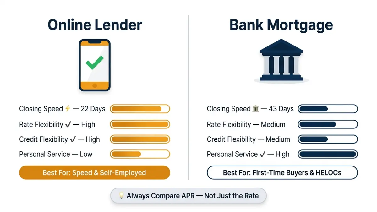Online vs Bank Mortgage scorecard comparing speed rates credit flexibility and customer service