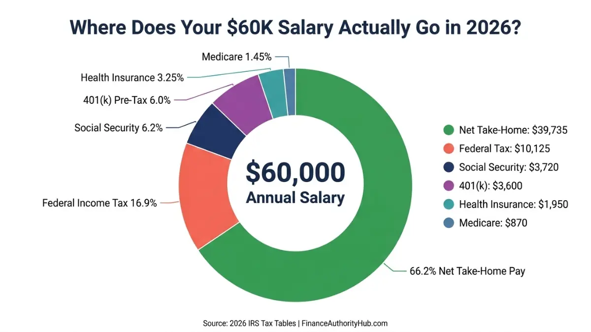 Paycheck Calculator breakdown of $60000 salary showing taxes deductions and net take home pay