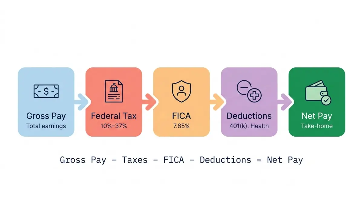 Paycheck Calculator showing gross pay to net pay flow with taxes and deductions explained