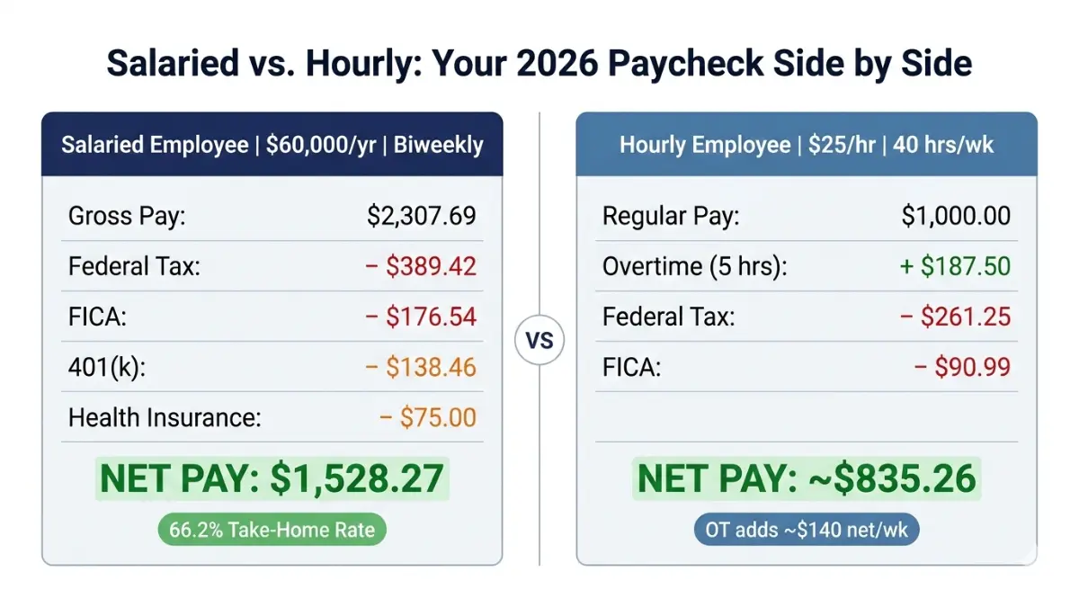 Paycheck Calculator comparison of salaried vs hourly paycheck with taxes overtime and net pay
