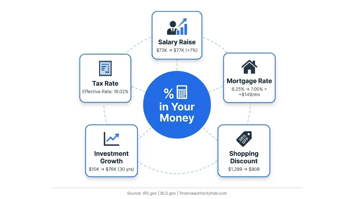 Percentage Calculator real life financial applications like salary, tax, discount and investment
