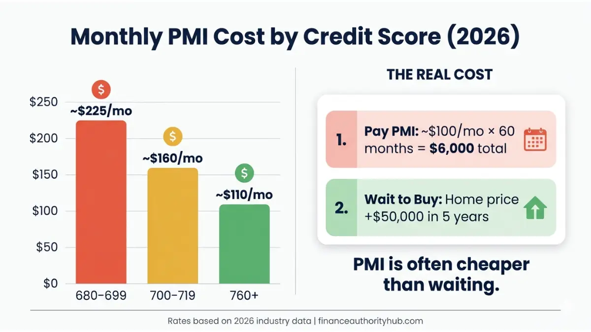 PMI monthly cost comparison by credit score showing higher PMI for lower scores in 2026