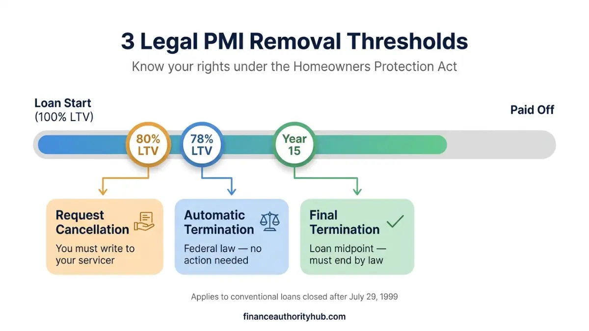 PMI removal timeline showing 80 percent request, 78 percent automatic termination and midpoint rule under law