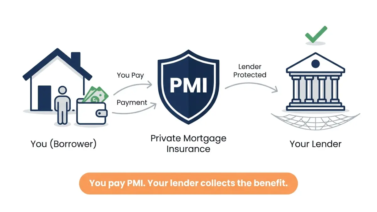 PMI flow diagram showing borrower pays PMI while lender receives protection benefit