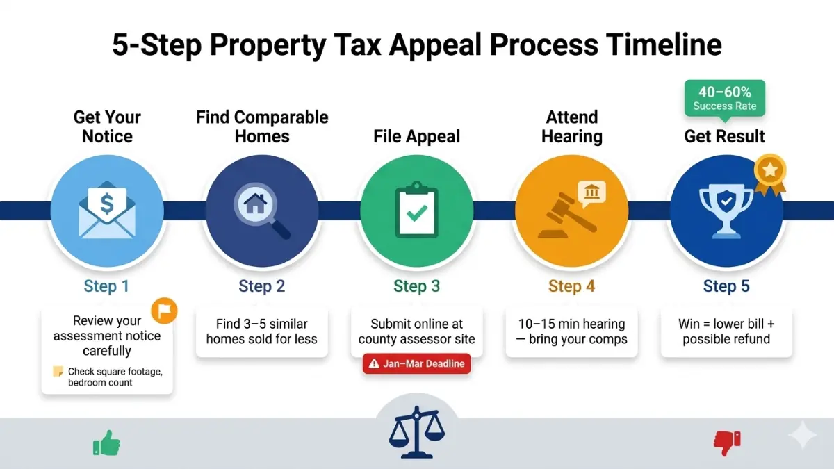 Property Tax Calculator guide explaining the five step property tax appeal process homeowners can use to challenge an assessment