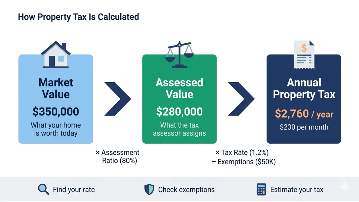 Property Tax Calculator visual guide showing how market value, assessment ratio, and tax rate determine annual property tax