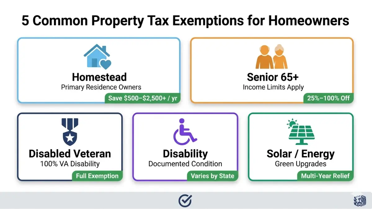 Property Tax Calculator infographic showing five common property tax exemptions homeowners can claim to reduce their annual tax bill