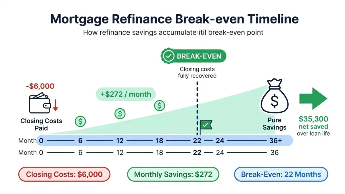 Refinance Calculator break even timeline showing closing costs recovery and monthly savings accumulation