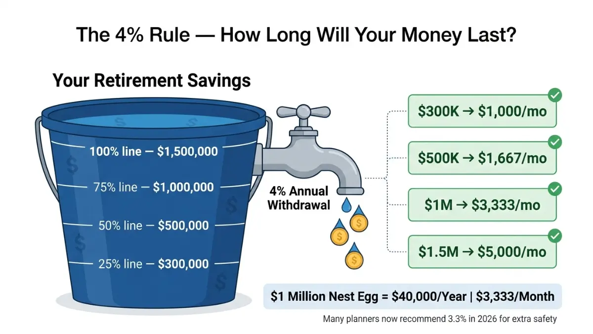 retirement calculator illustration explaining the 4 percent withdrawal rule using a savings bucket and faucet income concept