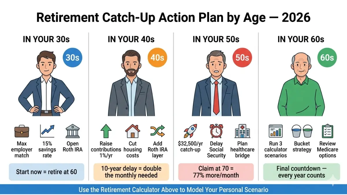 retirement calculator catch up plan showing retirement saving actions for people in their 30s 40s 50s and 60s