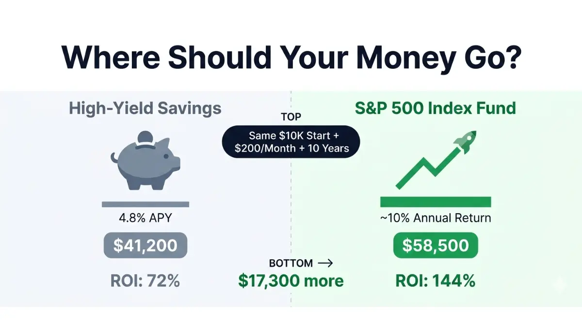 ROI calculator comparison showing savings account versus index fund investment returns