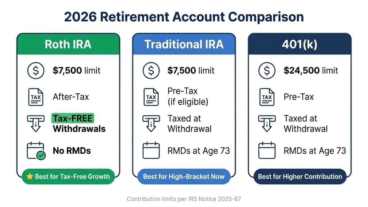 Roth IRA calculator retirement account comparison between Roth IRA Traditional IRA and 401k contribution limits and tax treatment