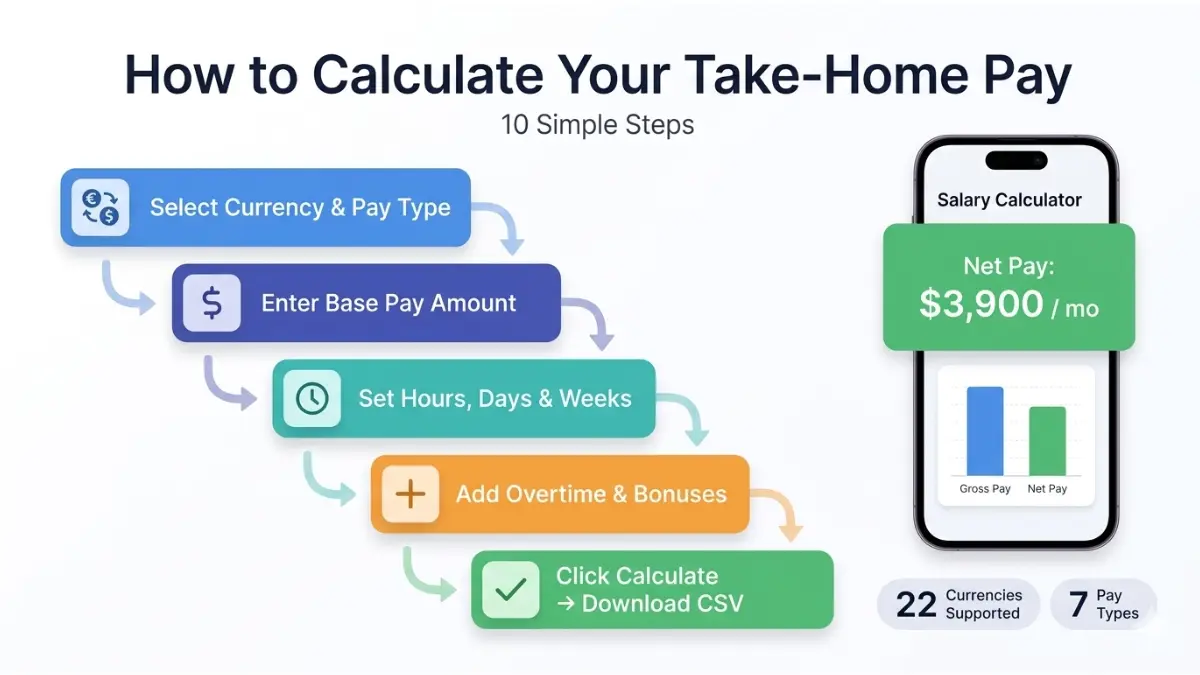 Salary Calculator step-by-step flowchart showing how to calculate take-home salary using pay inputs and deductions