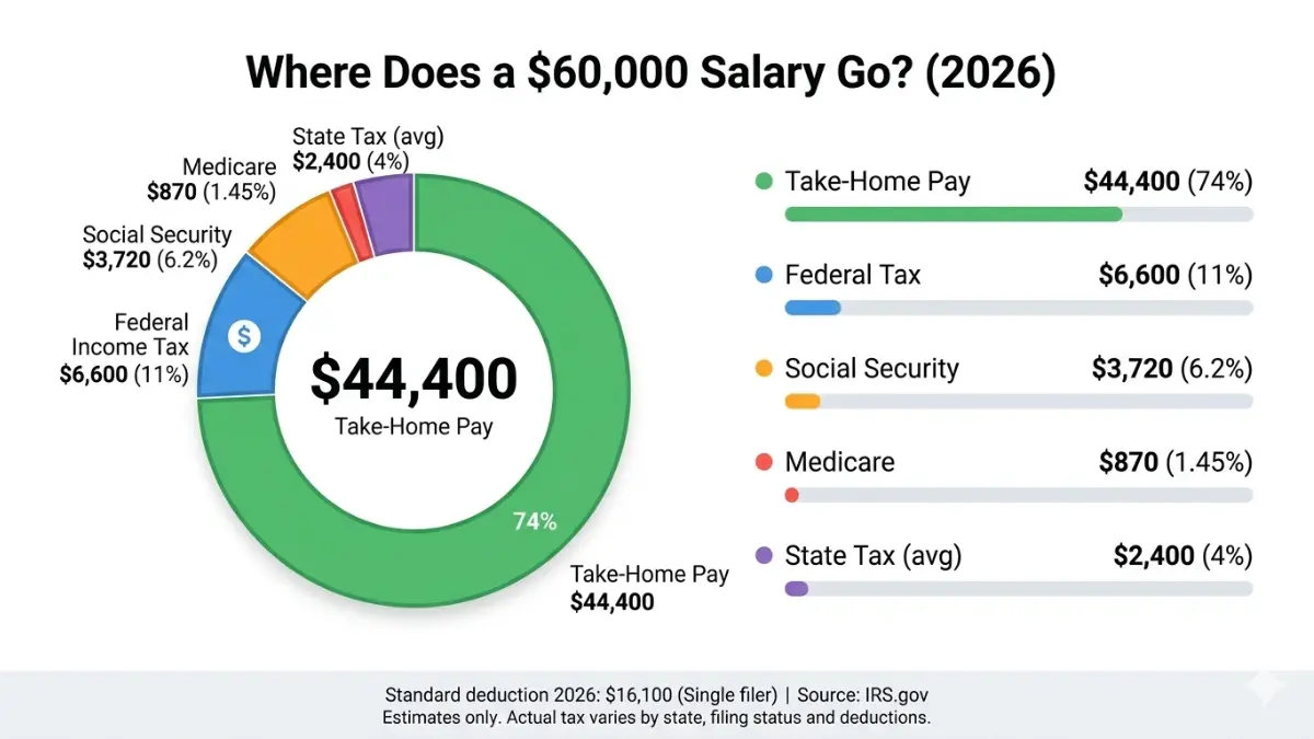 Salary Calculator donut chart showing take-home pay and tax deductions from a $60000 salary
