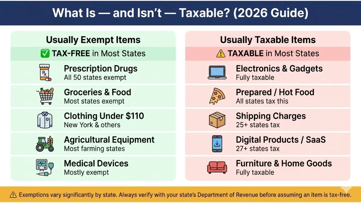Sales Tax Calculator guide explaining sales tax exemptions and taxable categories across US states