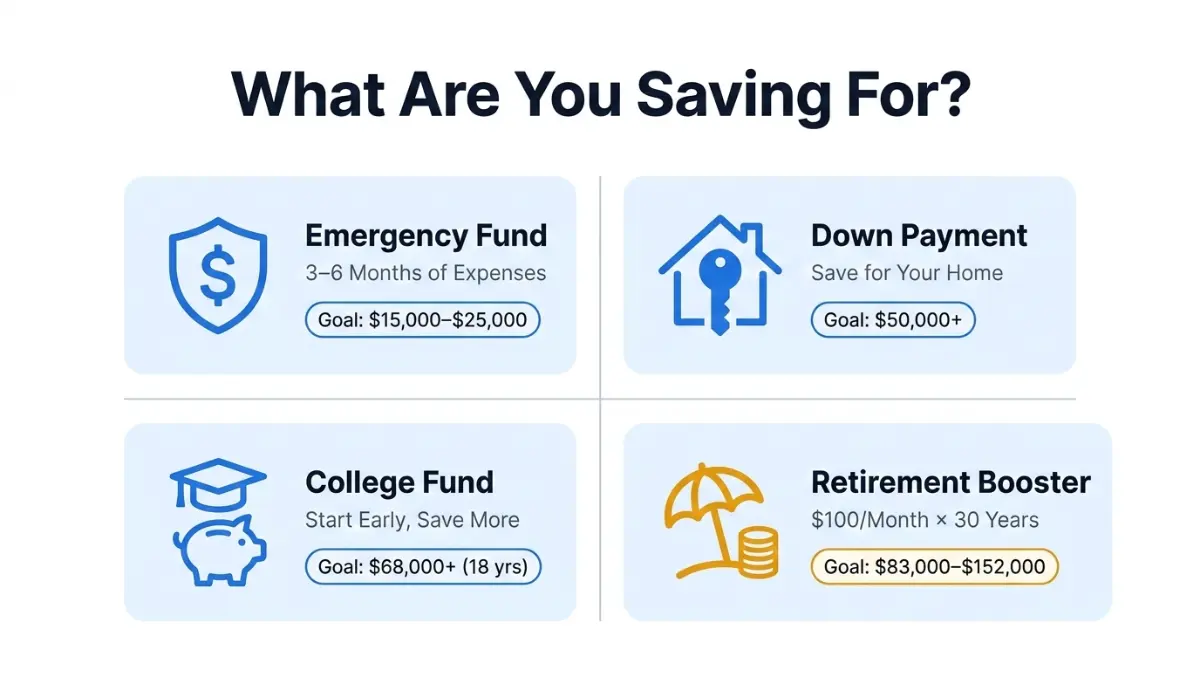 Savings Calculator financial goals illustration including emergency fund home college and retirement savings