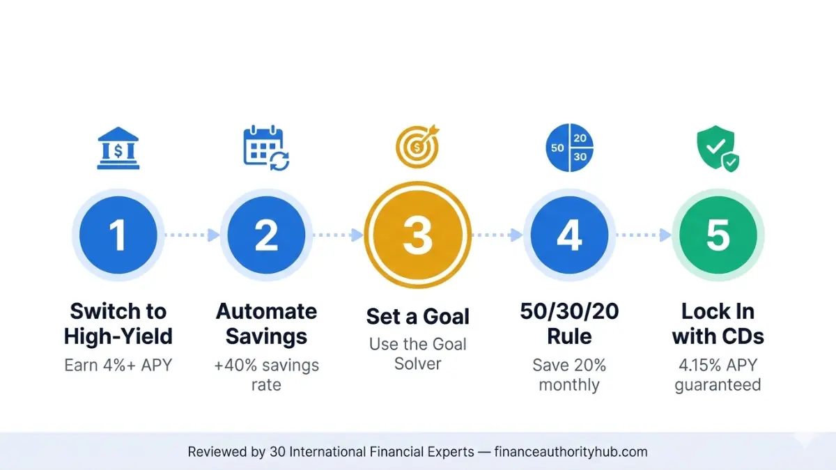 Savings Calculator step by step roadmap for building savings using high yield accounts automation and budgeting
