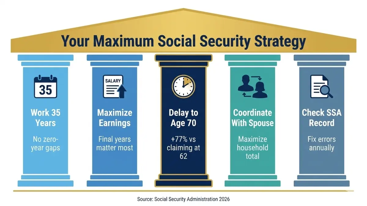 Social Security Calculator strategies infographic showing five ways to maximize retirement benefits