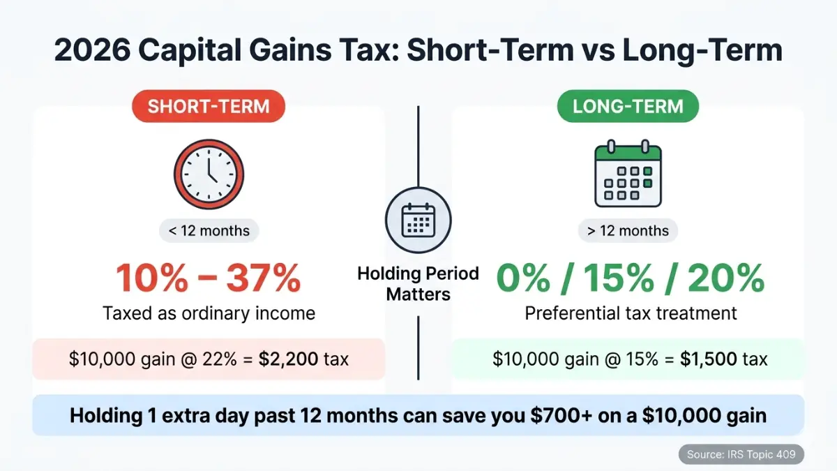 Stock Calculator capital gains tax comparison showing short term vs long term tax rates