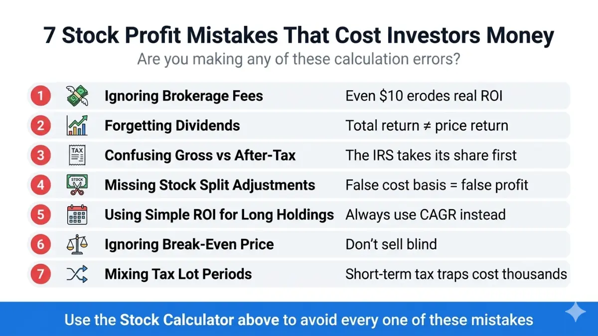 Stock Calculator checklist showing common mistakes investors make when calculating stock profit