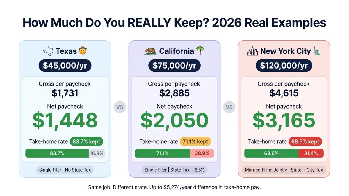 Take-Home Pay Calculator comparing salary and net paycheck differences across Texas California and New York