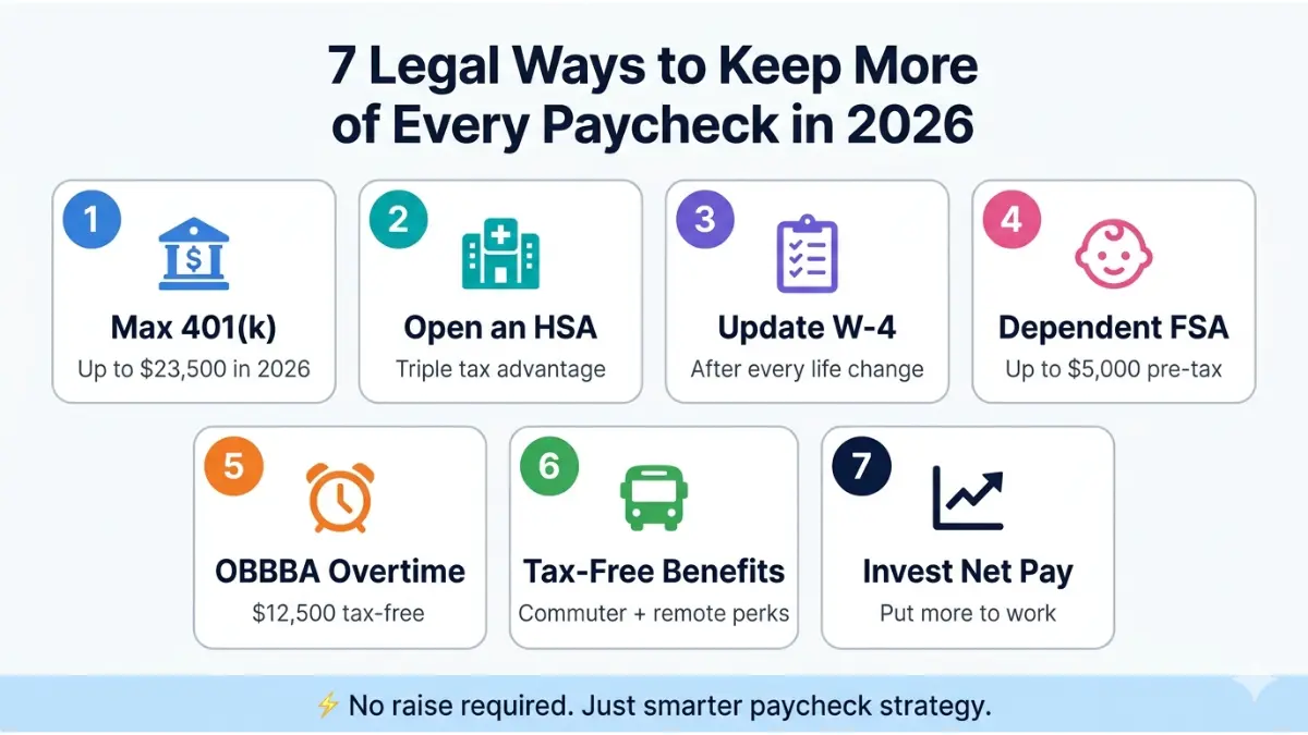 Take-Home Pay Calculator showing 7 legal ways to increase net salary and reduce taxes in 2026
