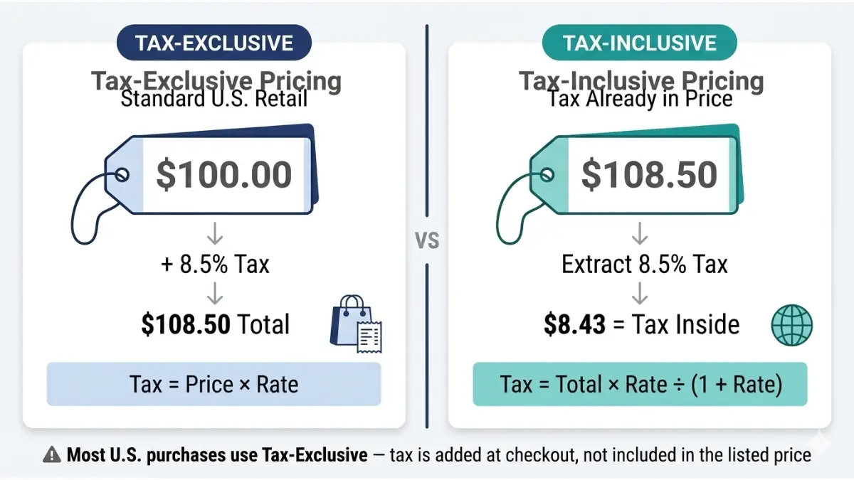 Sales Tax Calculator formula example explaining tax inclusive vs tax exclusive pricing calculations