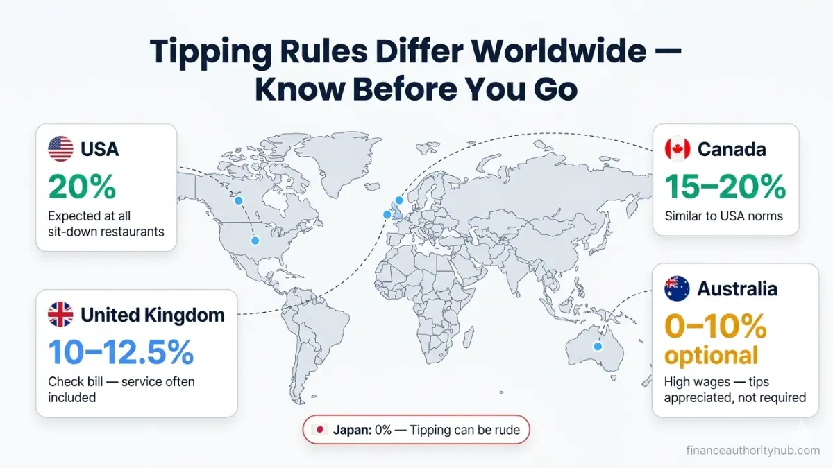 Tip Calculator global tipping rules map showing USA UK Canada Australia and Japan tipping differences