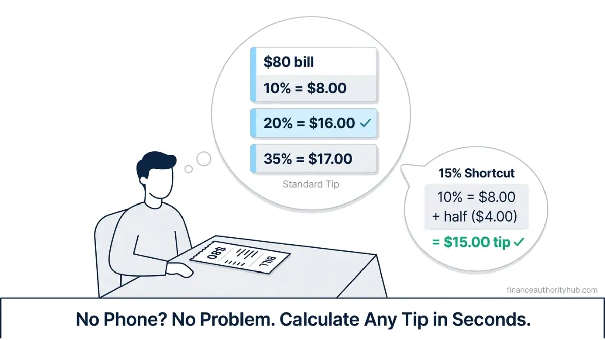 Tip Calculator mental math method showing how to calculate 10 percent 15 percent and 20 percent tip from a restaurant bill
