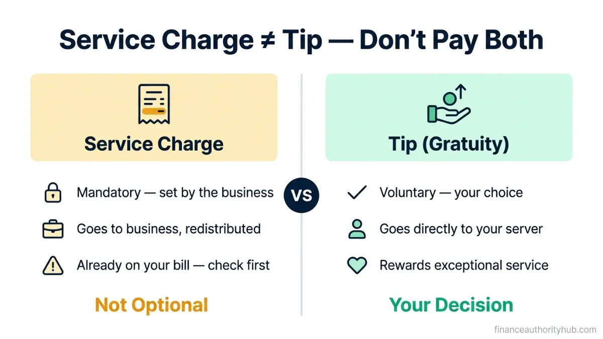 Tip Calculator comparison showing difference between service charge and tip gratuity with key explanations