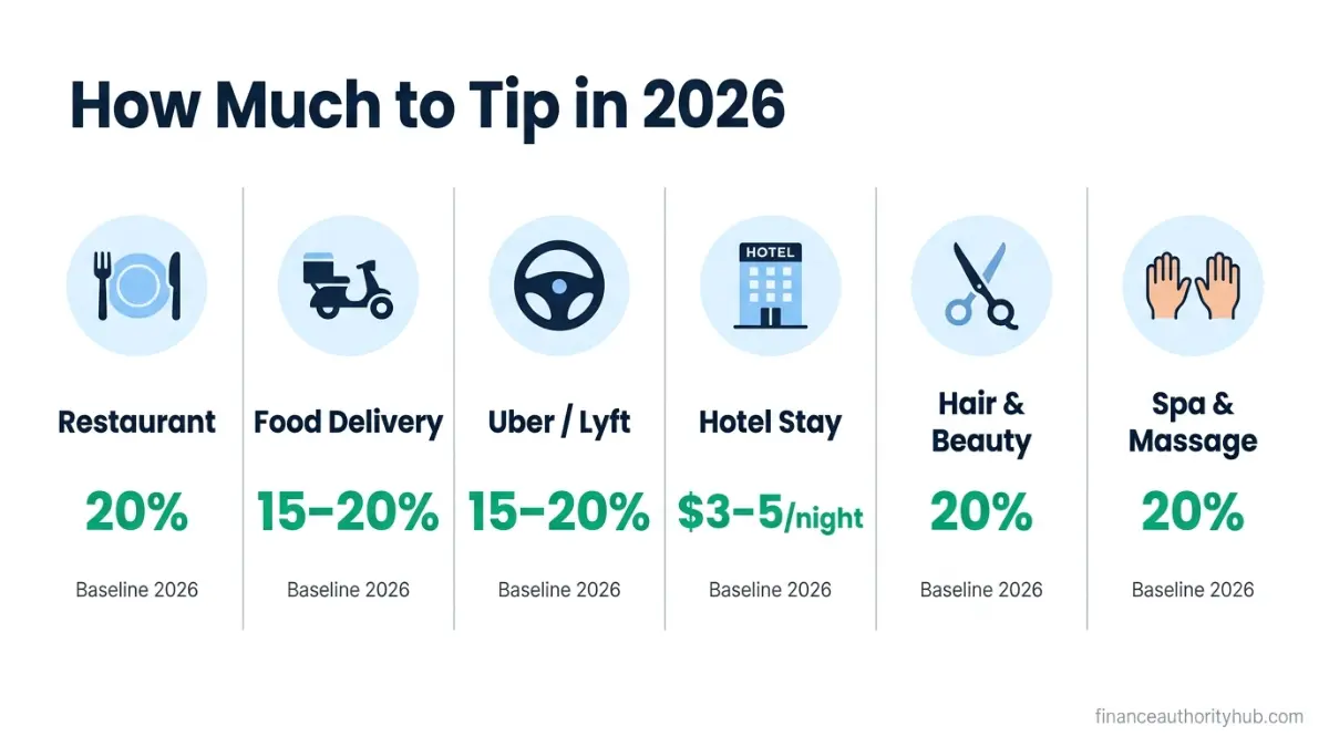 Tip Calculator 2026 tipping guide infographic showing restaurant, delivery, Uber, hotel, beauty and spa tipping percentages