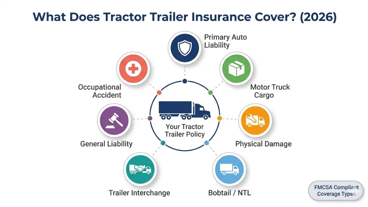 Tractor Trailer Insurance coverage types diagram 2026 showing liability, cargo, bobtail, physical damage and occupational accident protections