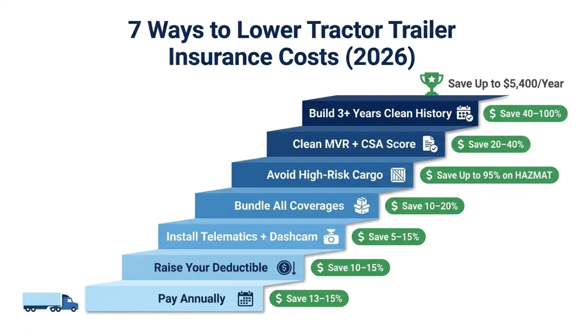 Tractor Trailer Insurance savings strategies ladder infographic showing seven ways truckers can lower insurance premiums in 2026