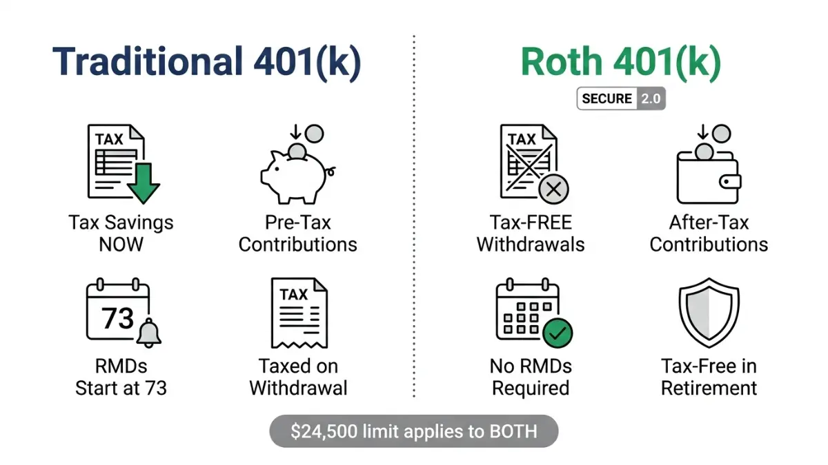 Comparison of Traditional and Roth retirement plans explained with a 401(k) Calculator