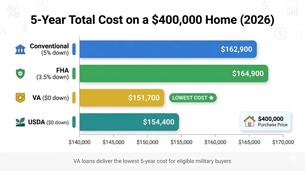 Types of Home Loans 5 year cost comparison chart FHA VA USDA conventional mortgage costs