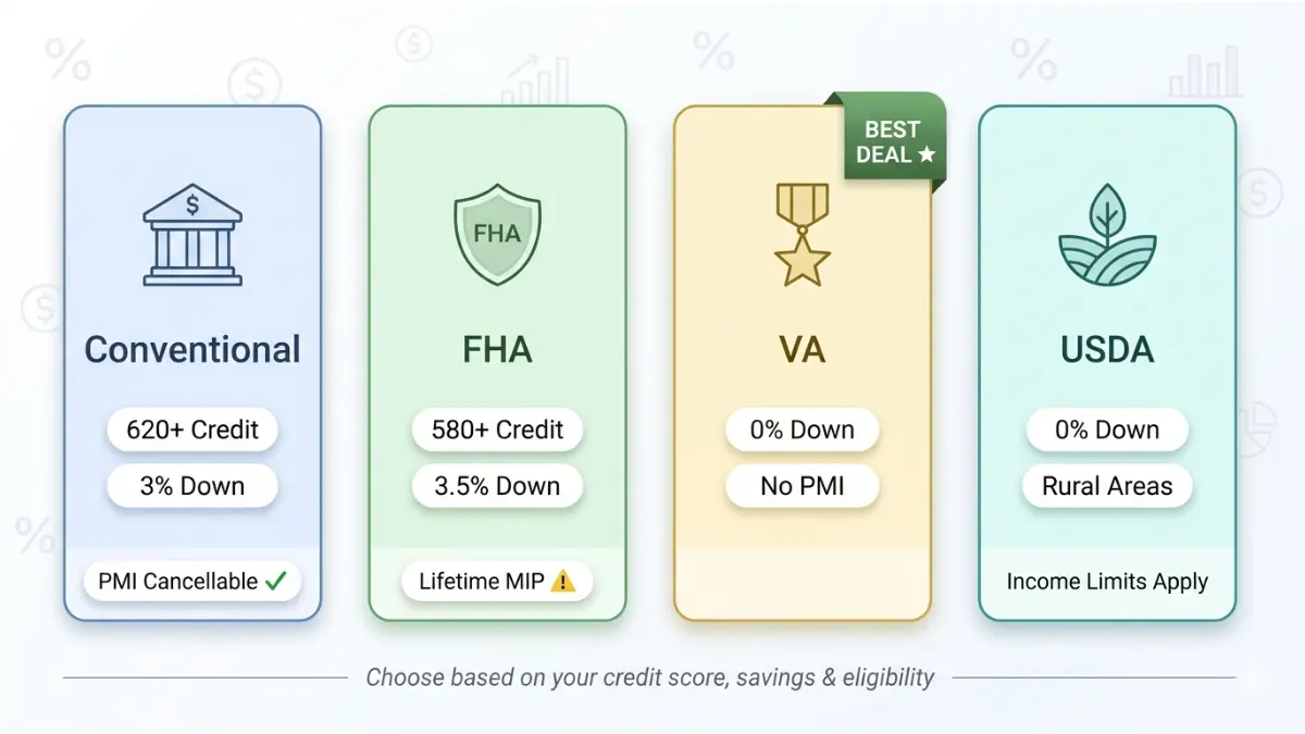 Types of Home Loans comparison chart showing credit score down payment FHA VA USDA conventional