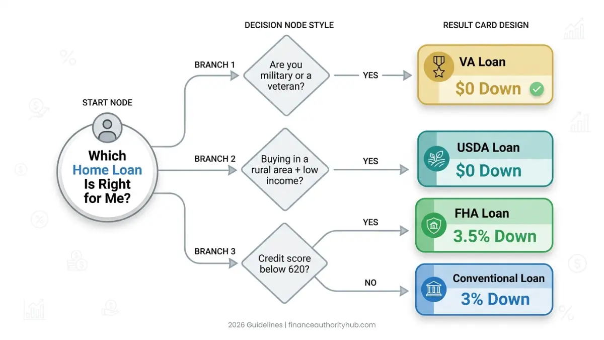 Types of Home Loans decision tree flowchart choosing FHA VA USDA or conventional mortgage
