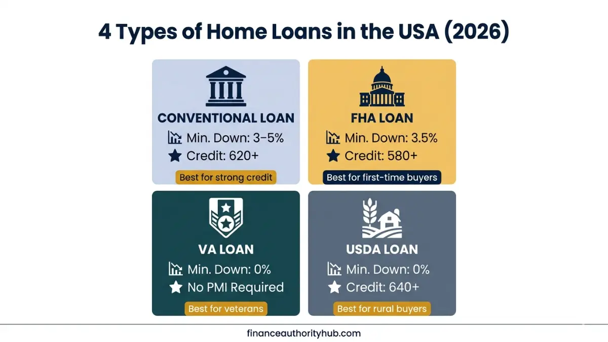 Home Loan vs Mortgage context showing 4 types of home loans in the USA 2026 including conventional FHA VA and USDA loan comparison