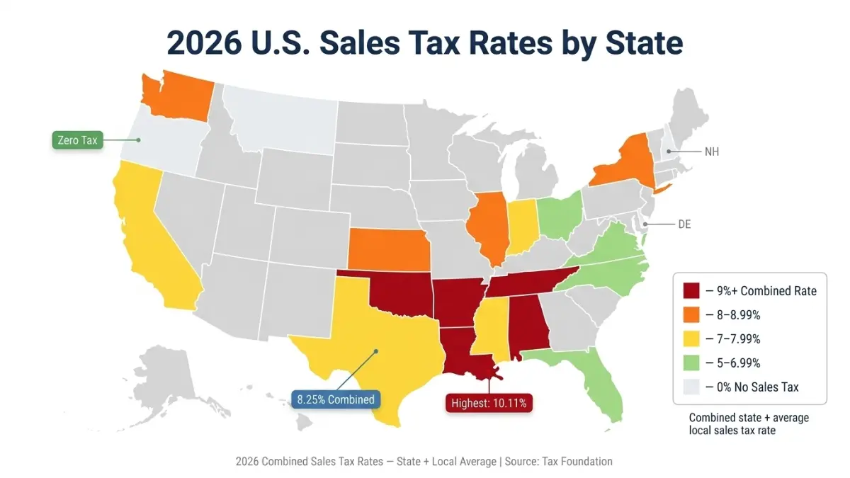 Sales Tax Calculator US map showing 2026 combined sales tax rates by state including state and local tax levels